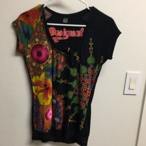Desigual T-shirt! Black with colorful flower details! Size Medium
